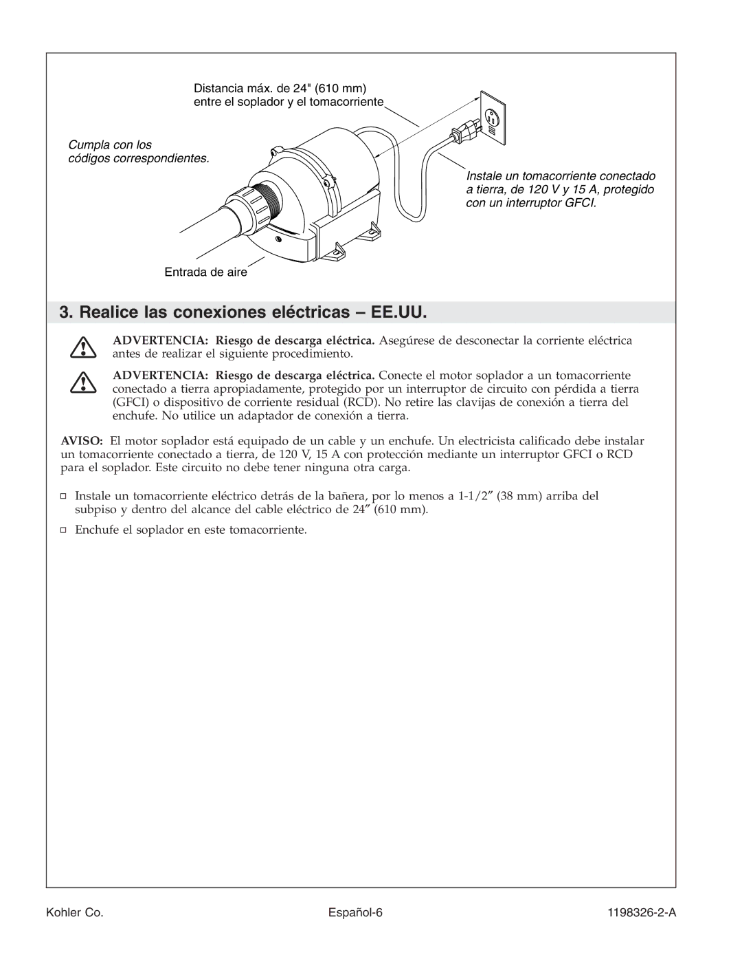 Kohler 1198326-2-A manual Realice las conexiones eléctricas EE.UU 