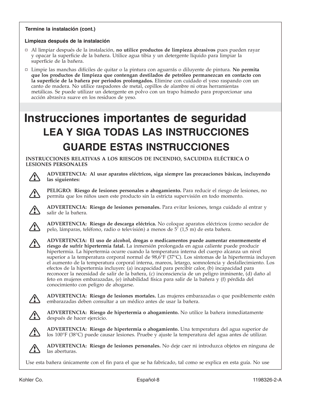 Kohler 1198326-2-A manual Instrucciones importantes de seguridad, Termine la instalación Limpieza después de la instalación 