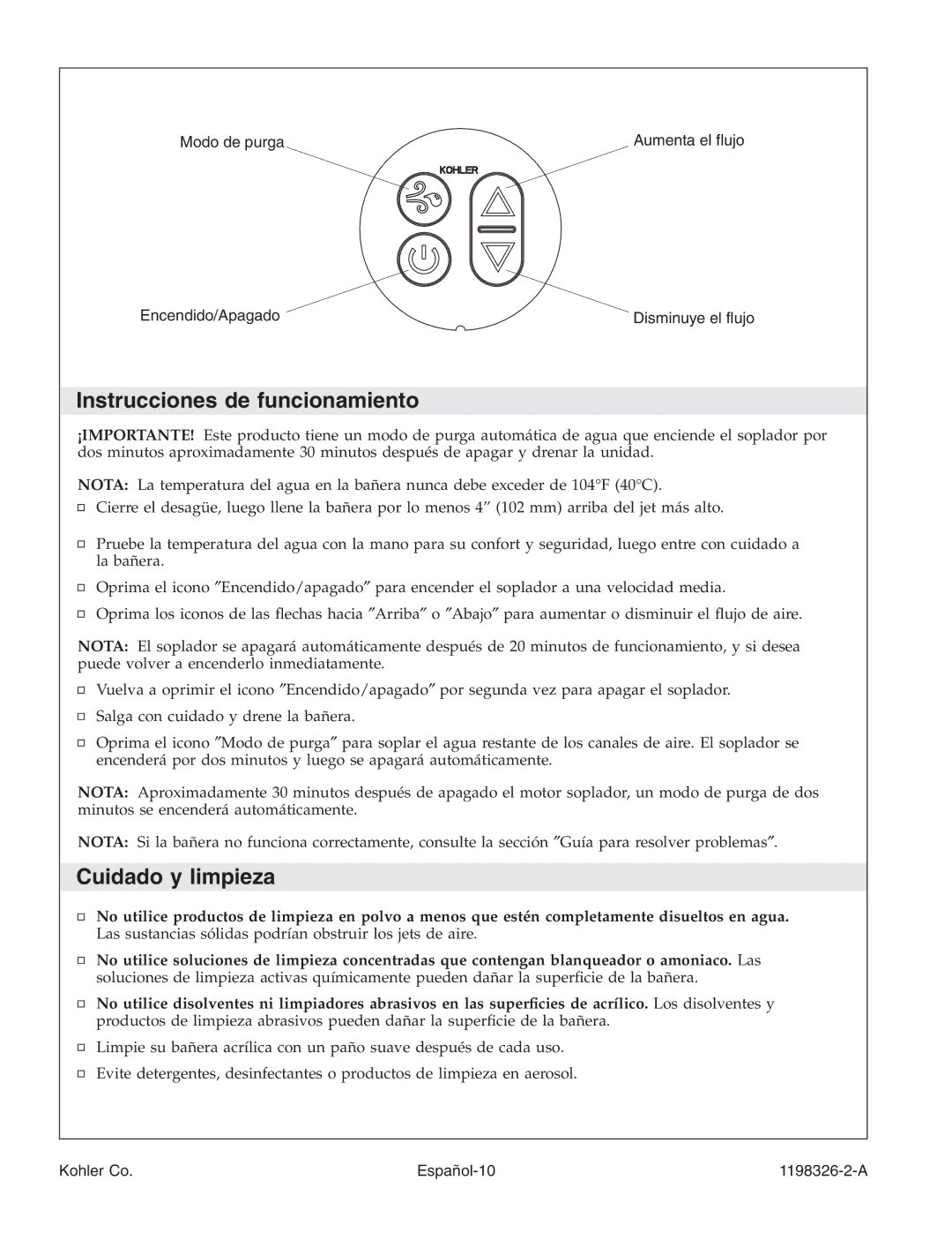 Kohler 1198326-2-A manual Instrucciones de funcionamiento, Cuidado y limpieza 