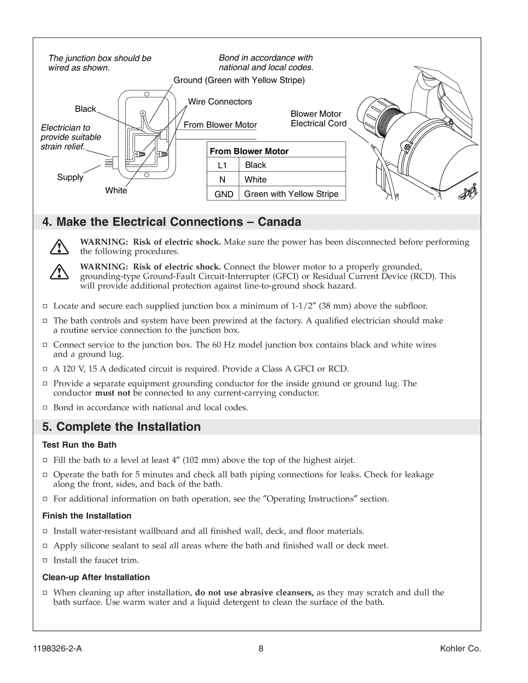 Kohler 1198326-2-A manual Make the Electrical Connections Canada, Complete the Installation, Test Run the Bath 