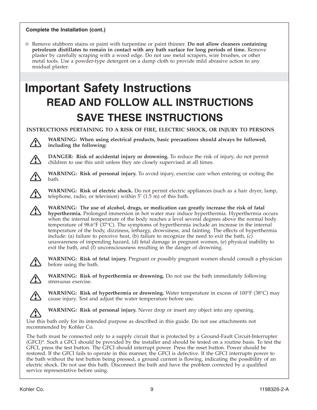 Kohler 1198326-2-A manual Important Safety Instructions, Complete the Installation 