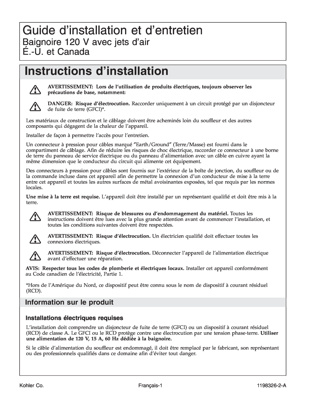 Kohler 1198326-2-A Guide d’installation et d’entretien, Instructions d’installation, Information sur le produit, Kohler Co 
