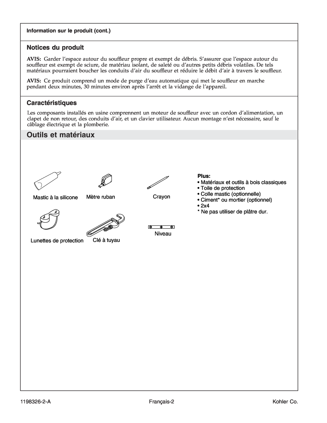 Kohler 1198326-2-A Outils et matériaux, Notices du produit, Caractéristiques, Niveau, Information sur le produit cont 