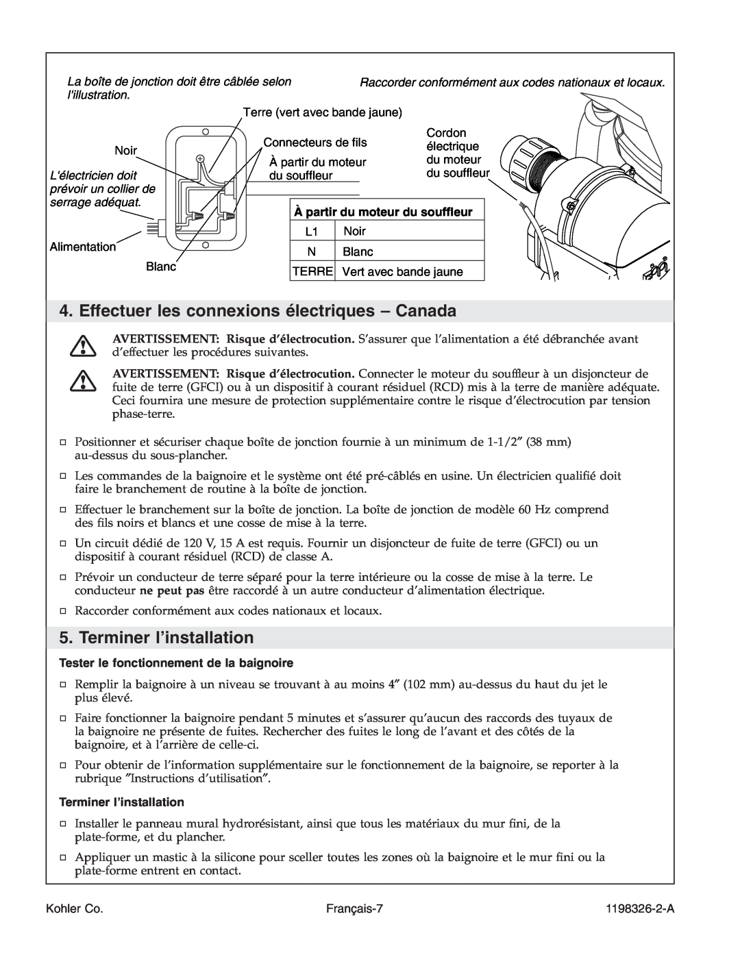 Kohler 1198326-2-A Effectuer les connexions électriques - Canada, Terminer l’installation, À partir du moteur du souffleur 