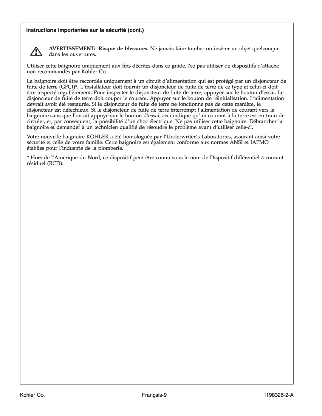 Kohler 1198326-2-A manual Instructions Importantes sur la sécurité cont, Français-9, Kohler Co 