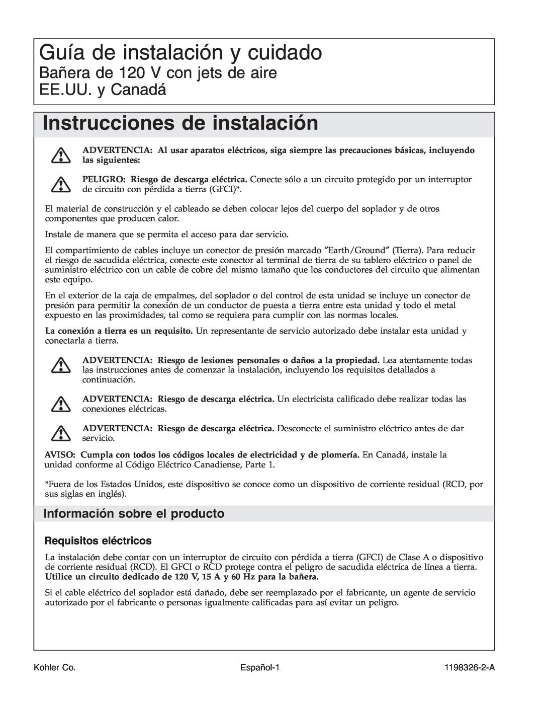 Kohler 1198326-2-A Guía de instalación y cuidado, Instrucciones de instalación, Información sobre el producto, Español-1 