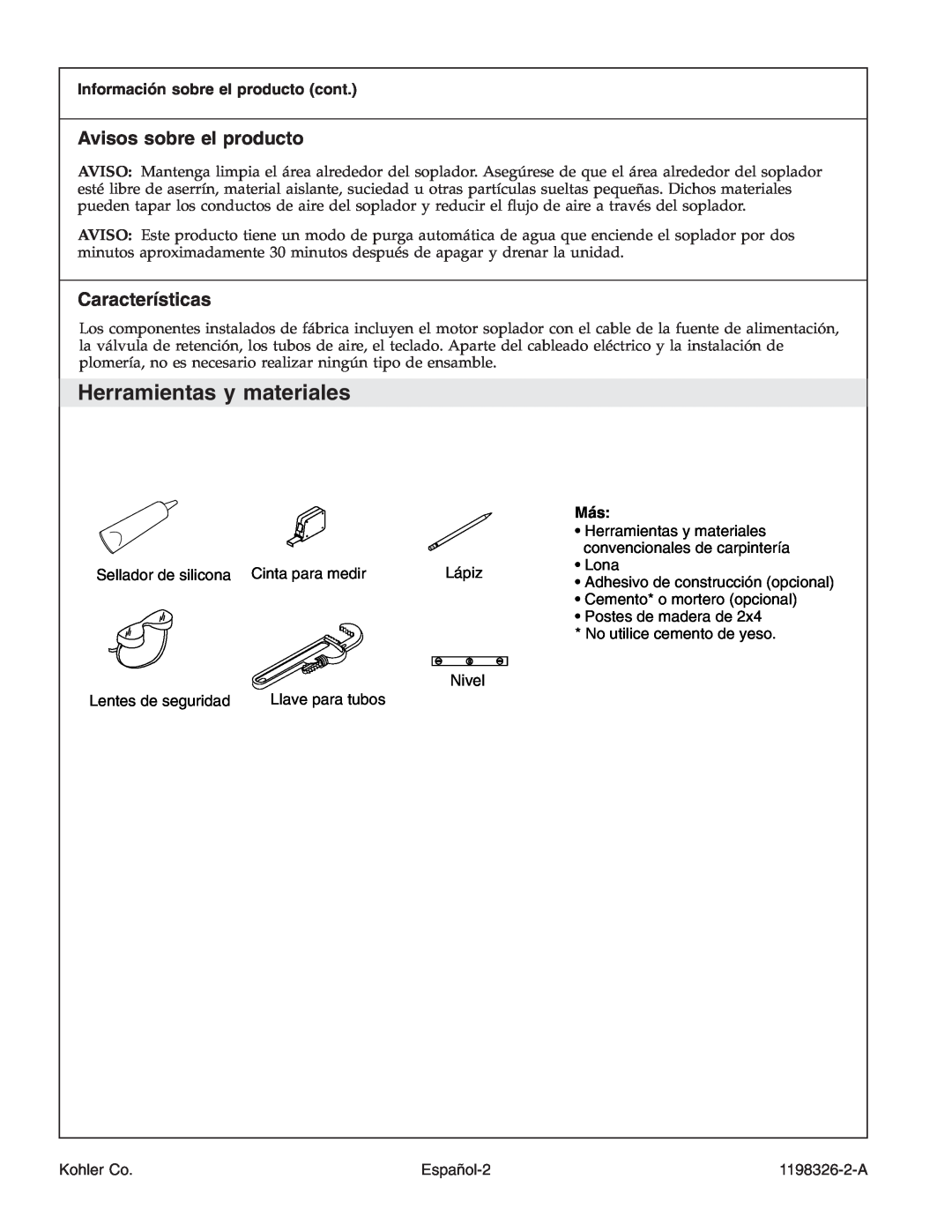 Kohler 1198326-2-A manual Herramientas y materiales, Avisos sobre el producto, Características, Nivel, Español-2, Kohler Co 