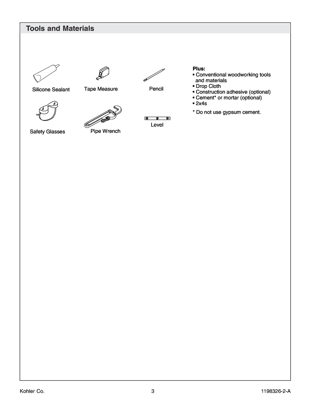 Kohler 1198326-2-A manual Tools and Materials, Level, Plus, Kohler Co 