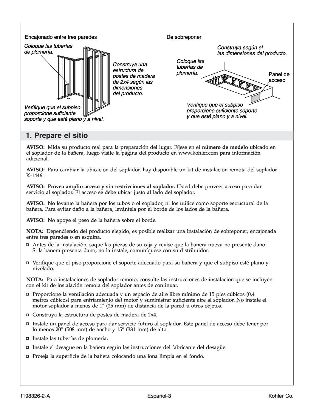 Kohler 1198326-2-A manual Prepare el sitio, Coloque las tuberías de plomería, del producto, Panel de, acceso, Español-3 