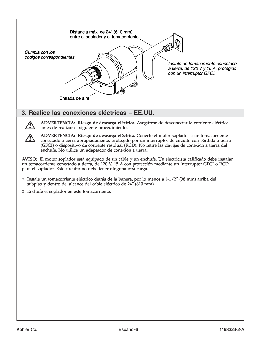 Kohler 1198326-2-A manual Realice las conexiones eléctricas - EE.UU, Cumpla con los códigos correspondientes, Español-6 