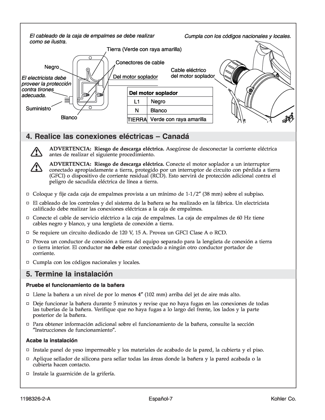 Kohler 1198326-2-A manual Realice las conexiones eléctricas - Canadá, Termine la instalación, Del motor soplador, Español-7 