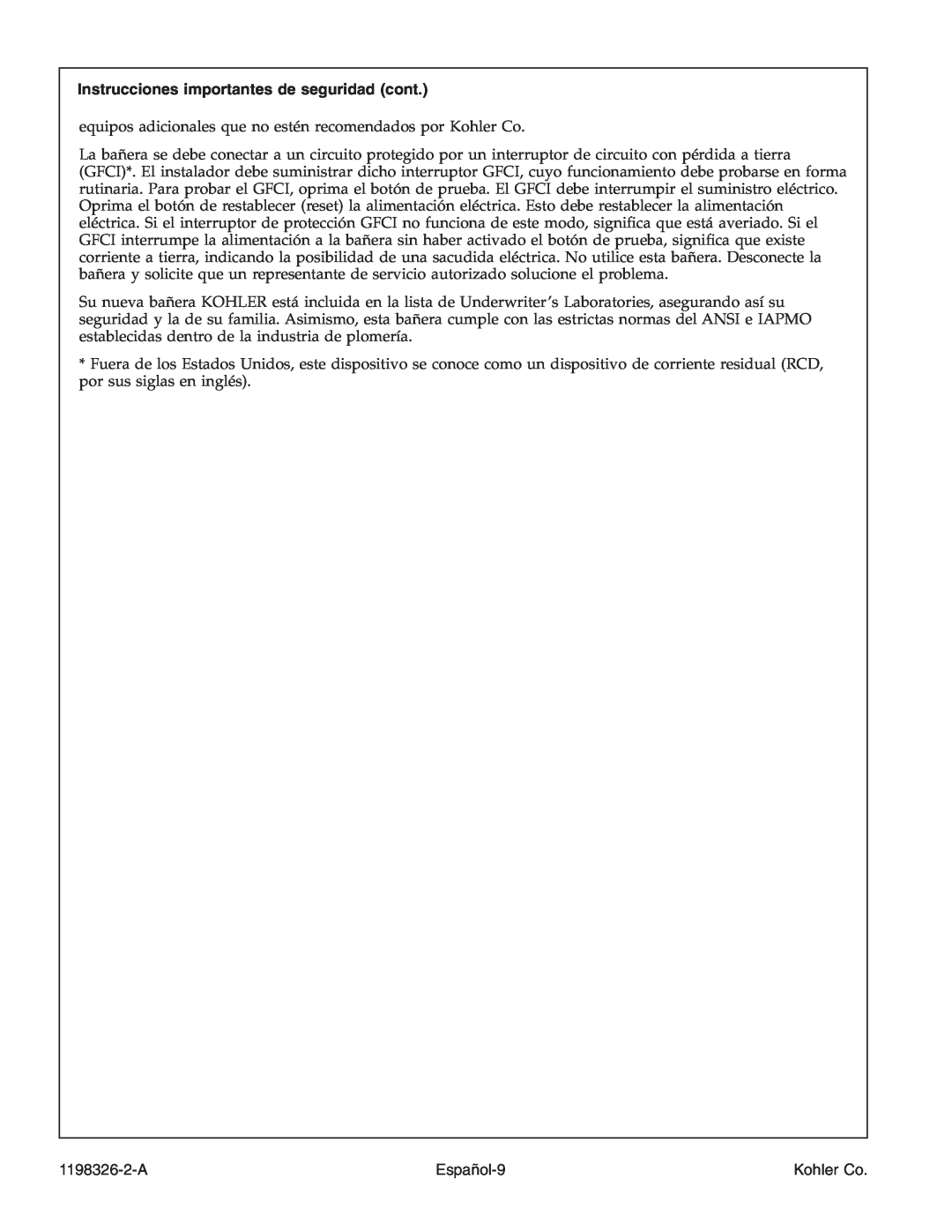 Kohler 1198326-2-A manual Instrucciones importantes de seguridad cont, Español-9, Kohler Co 
