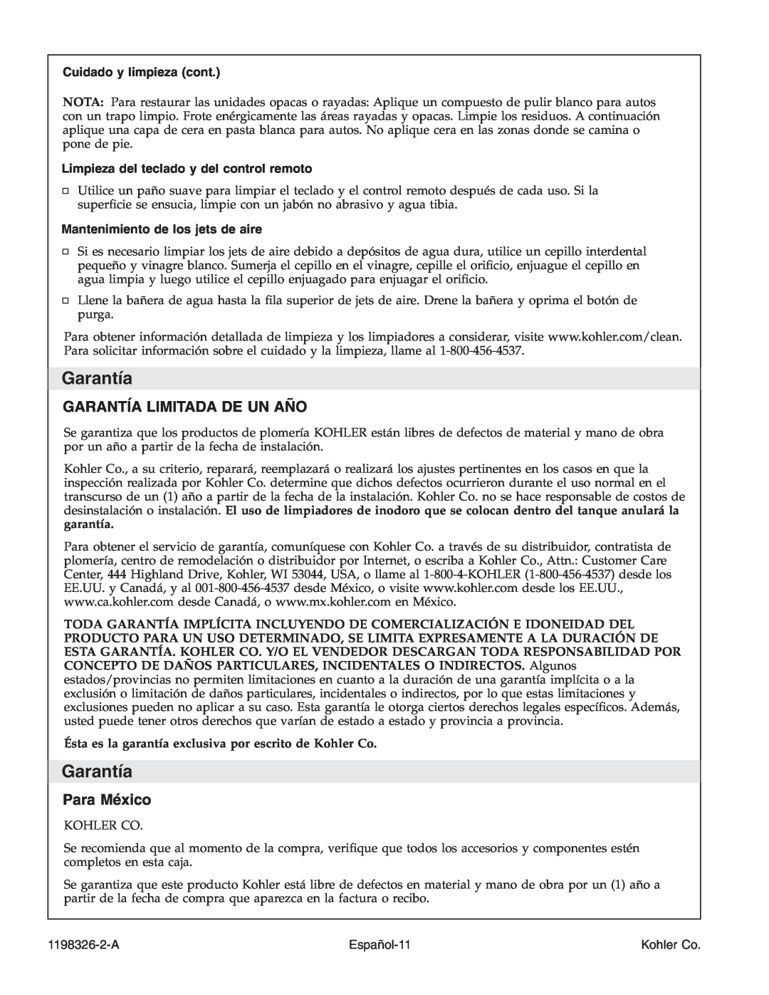 Kohler 1198326-2-A manual Garantía Limitada De Un Año, Para México, Cuidado y limpieza cont, Español-11, Kohler Co 