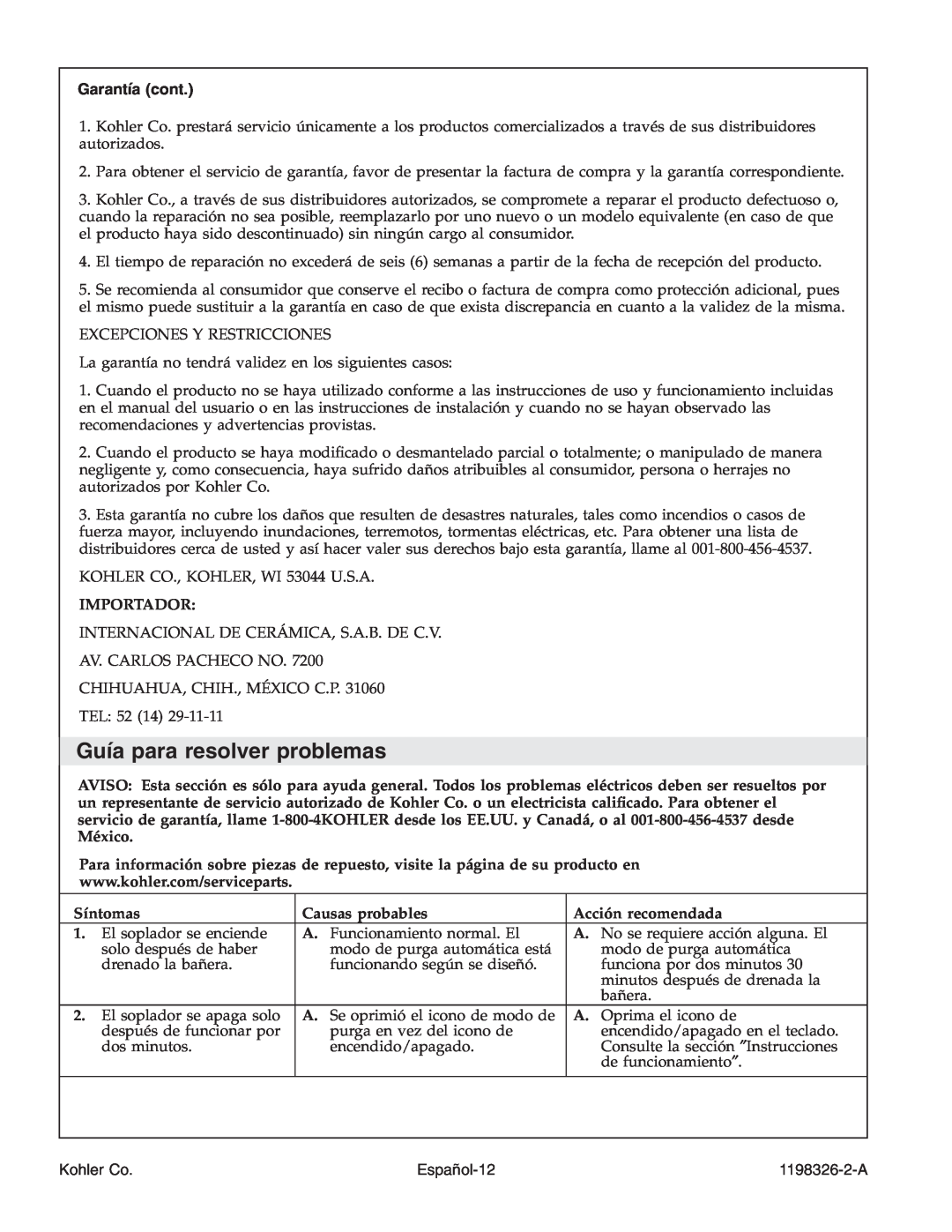 Kohler 1198326-2-A manual Guía para resolver problemas, Garantía cont, Español-12, Kohler Co 