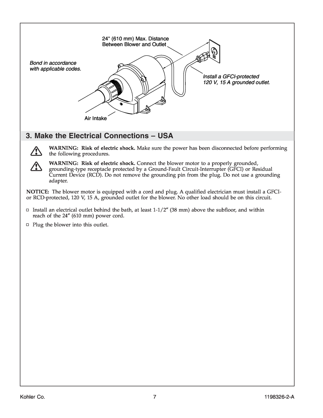 Kohler 1198326-2-A manual Make the Electrical Connections - USA, 120 V, 15 A grounded outlet, Kohler Co 