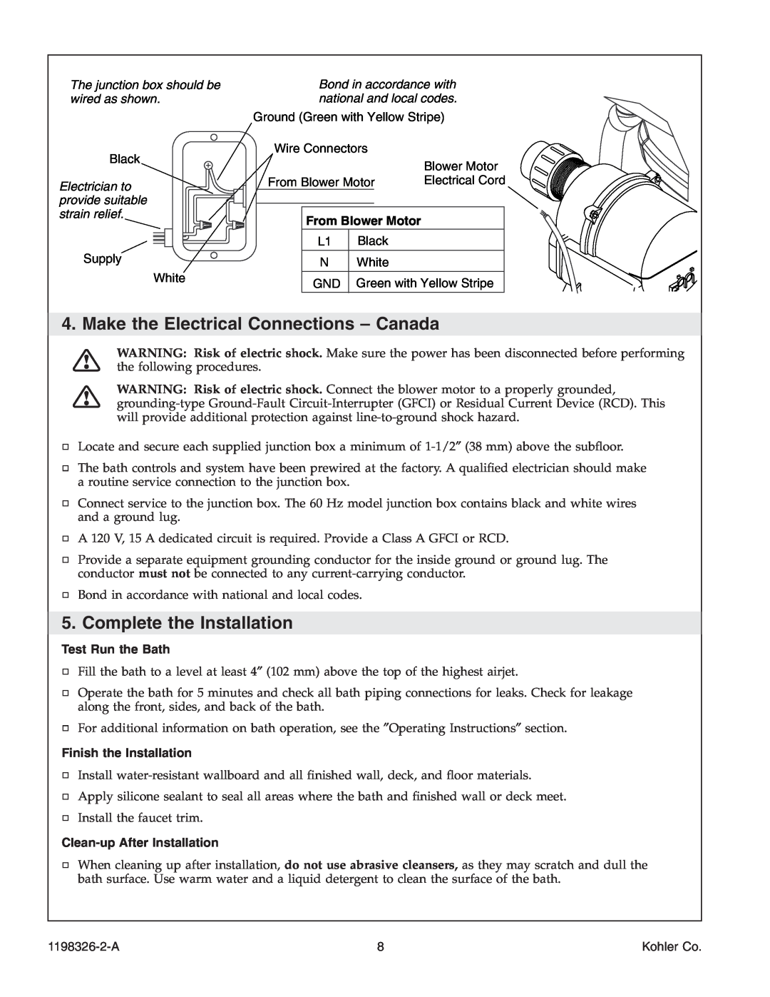Kohler 1198326-2-A manual Make the Electrical Connections - Canada, Complete the Installation, From Blower Motor, Kohler Co 