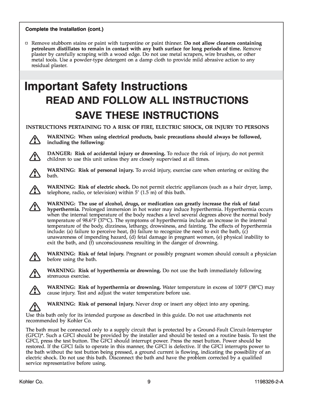 Kohler 1198326-2-A Important Safety Instructions, Read And Follow All Instructions Save These Instructions, Kohler Co 