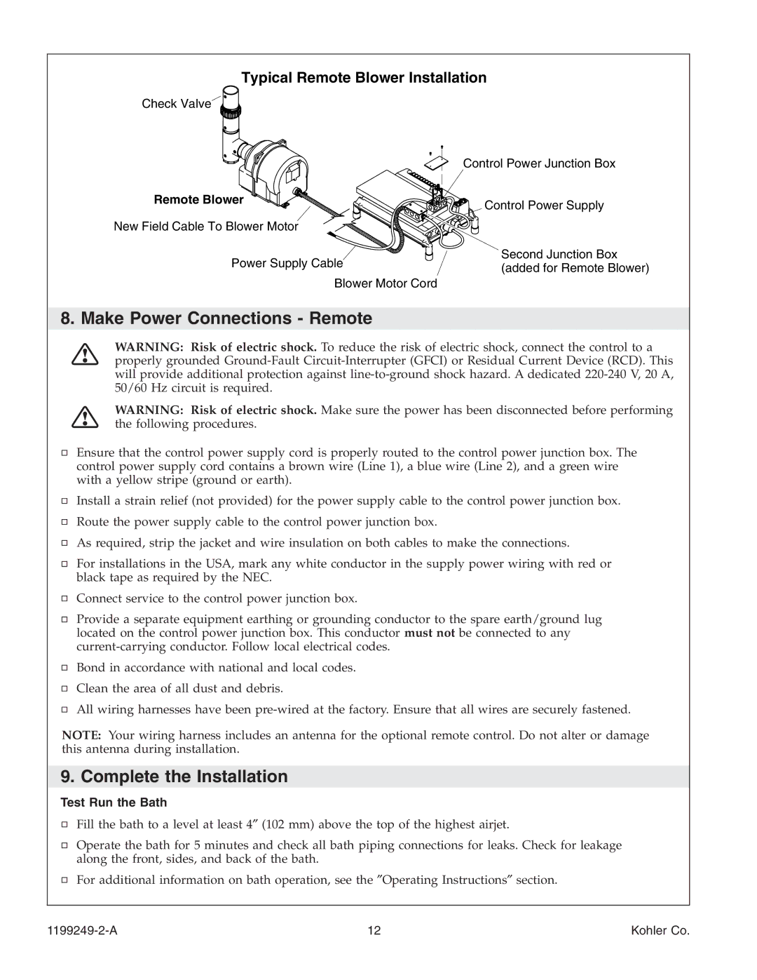 Kohler 1199249-2-A manual Make Power Connections Remote, Complete the Installation, Remote Blower, Test Run the Bath 