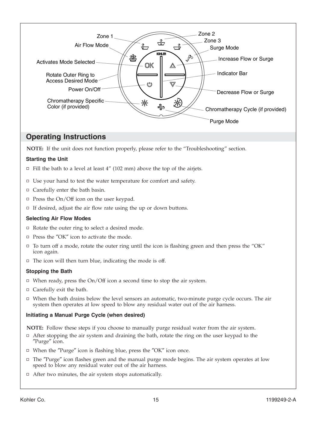 Kohler 1199249-2-A manual Operating Instructions, Starting the Unit, Selecting Air Flow Modes, Stopping the Bath 