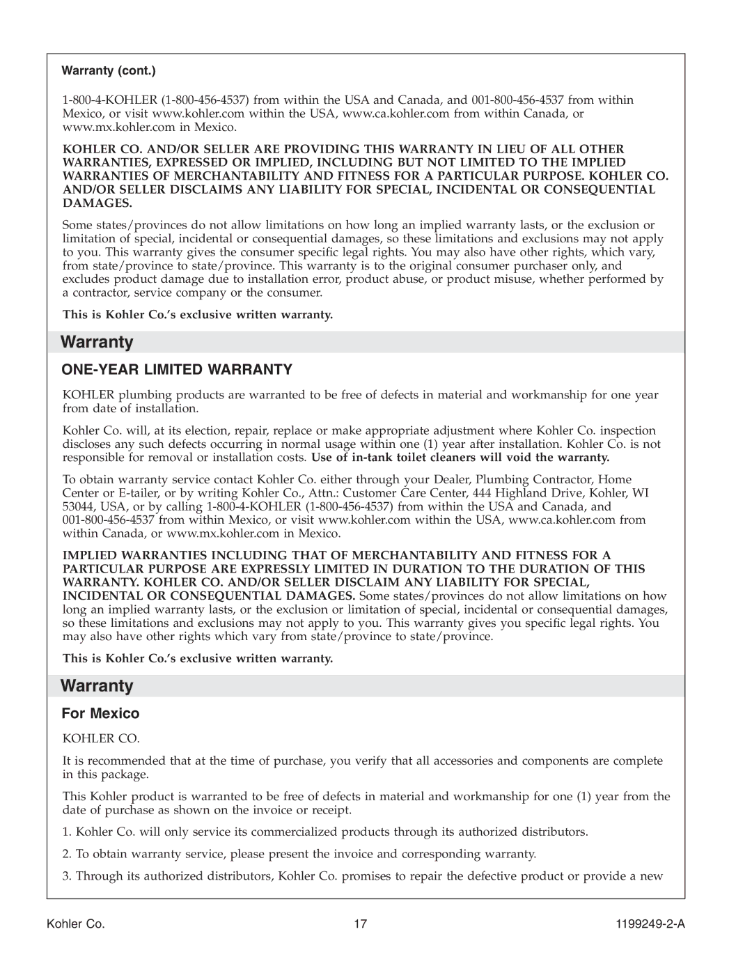 Kohler 1199249-2-A manual For Mexico, Warranty 