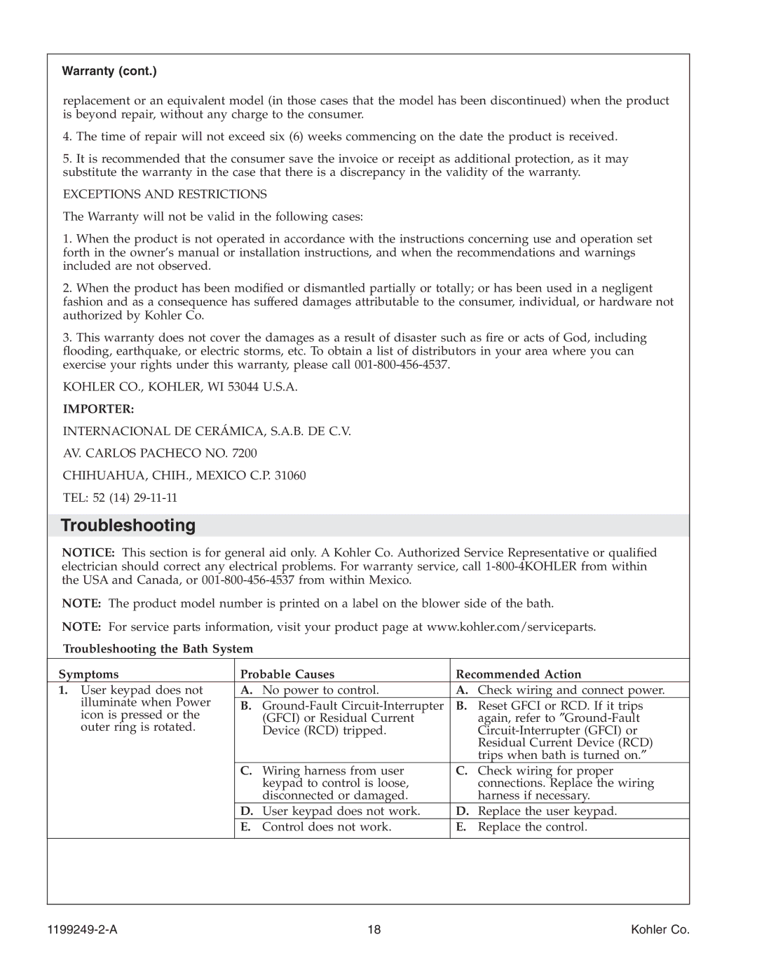 Kohler 1199249-2-A manual Troubleshooting, Exceptions and Restrictions 