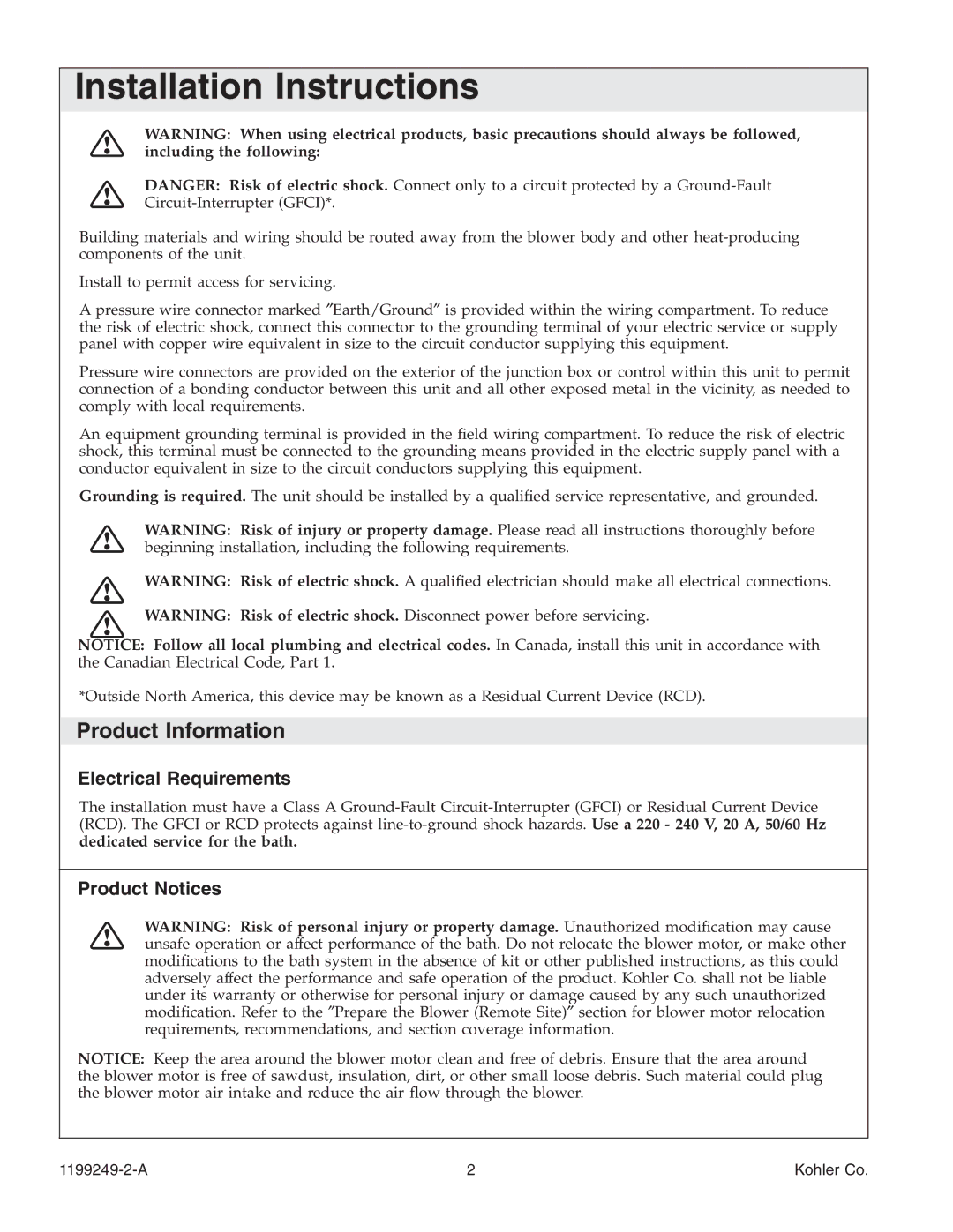 Kohler 1199249-2-A manual Product Information, Electrical Requirements, Product Notices 