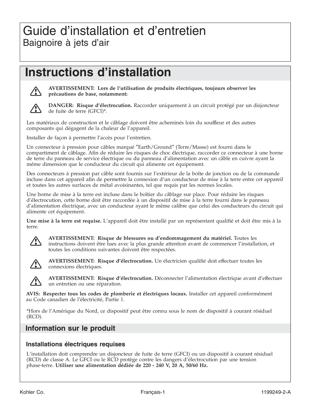 Kohler 1199249-2-A manual Information sur le produit, Installations électriques requises 