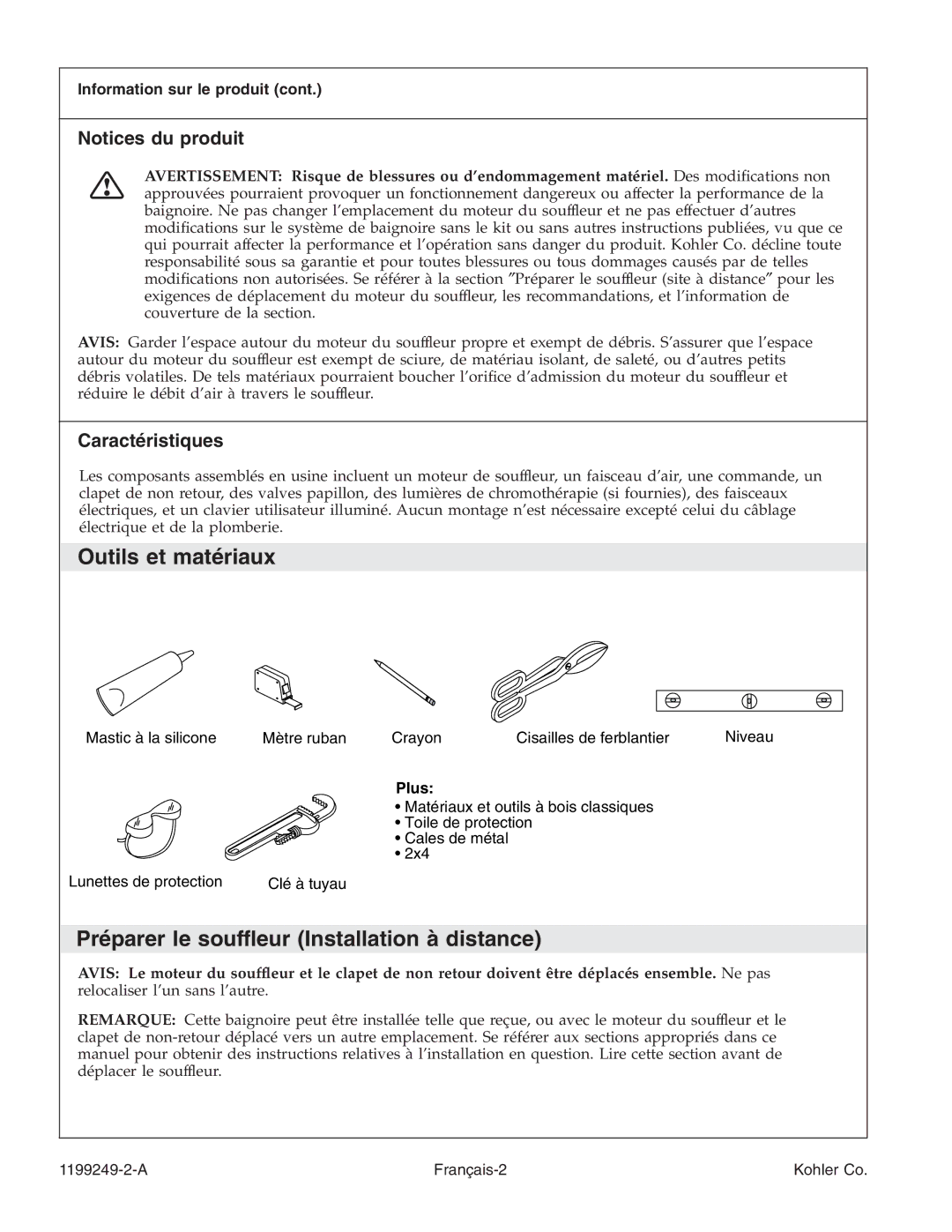 Kohler 1199249-2-A manual Outils et matériaux, Préparer le souffleur Installation à distance, Caractéristiques 