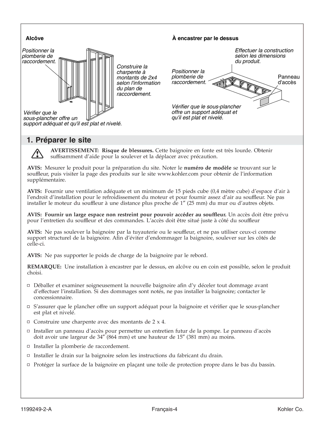 Kohler 1199249-2-A manual Préparer le site, Alcôve, Encastrer par le dessus 