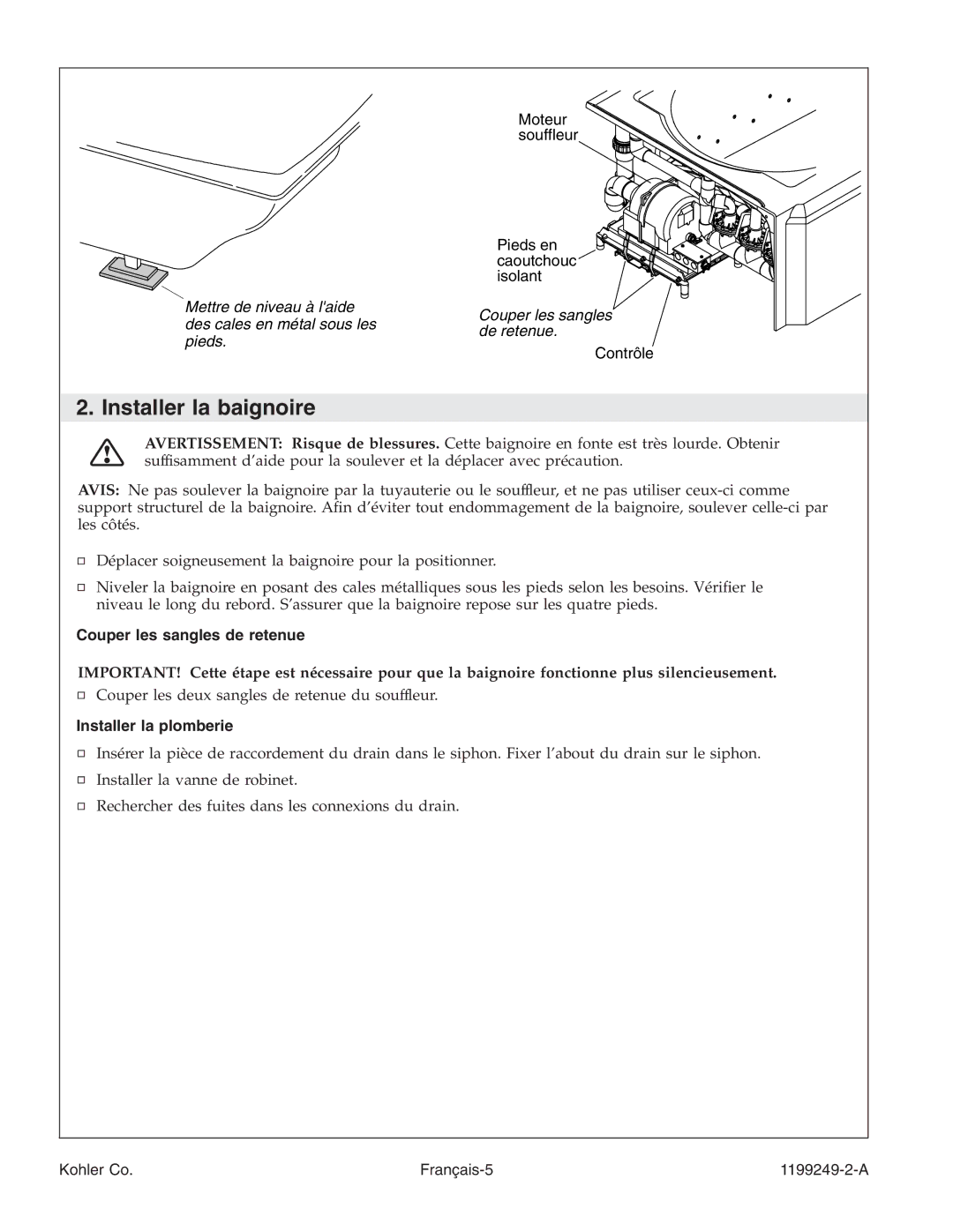 Kohler 1199249-2-A manual Installer la baignoire, Couper les sangles de retenue, Installer la plomberie 