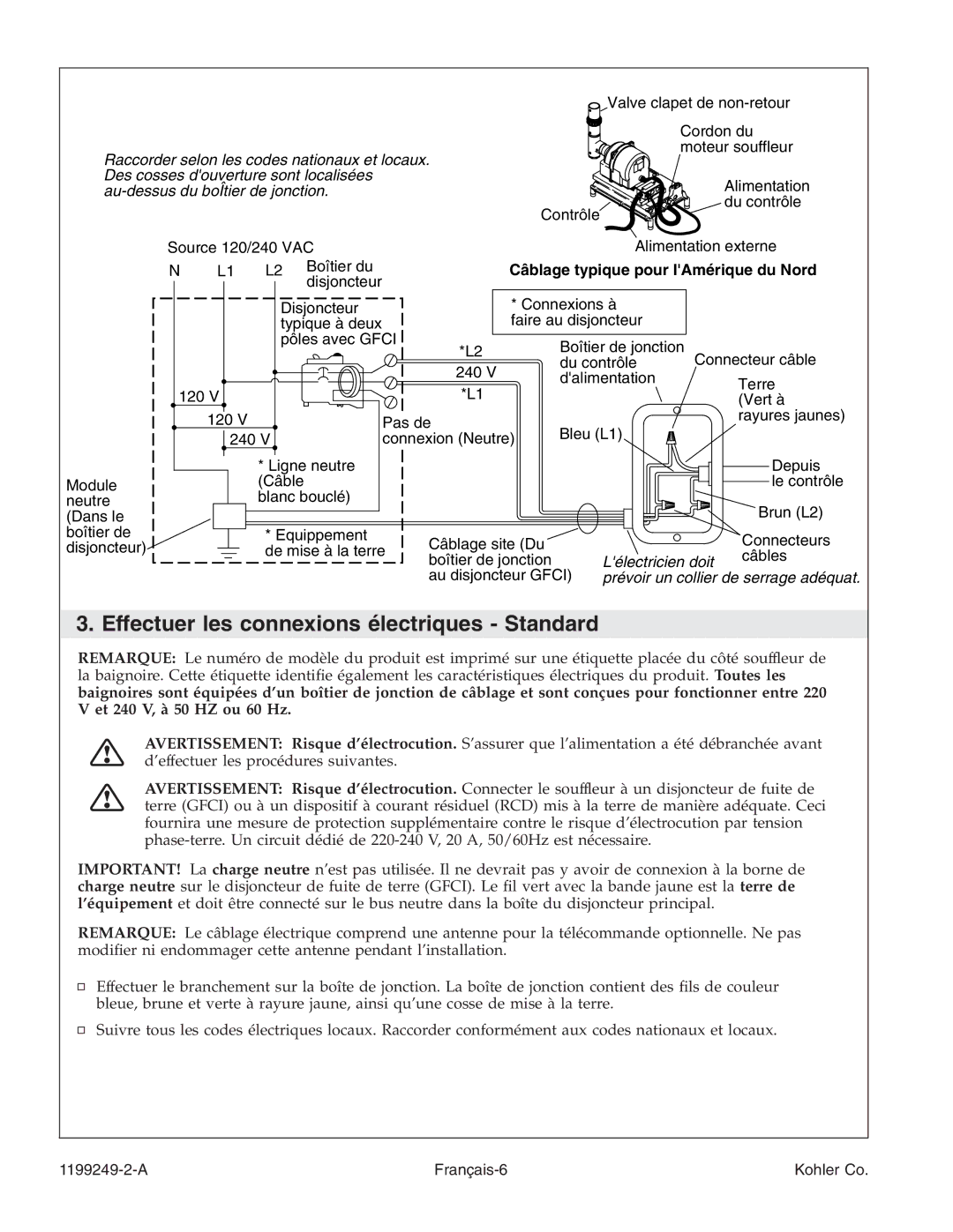 Kohler 1199249-2-A manual Effectuer les connexions électriques Standard, Câblage typique pour lAmérique du Nord 