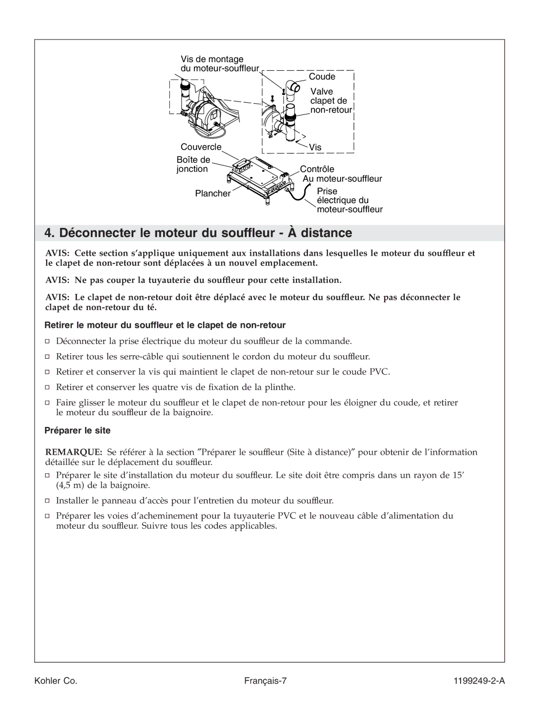 Kohler 1199249-2-A manual Déconnecter le moteur du souffleur À distance, Préparer le site 