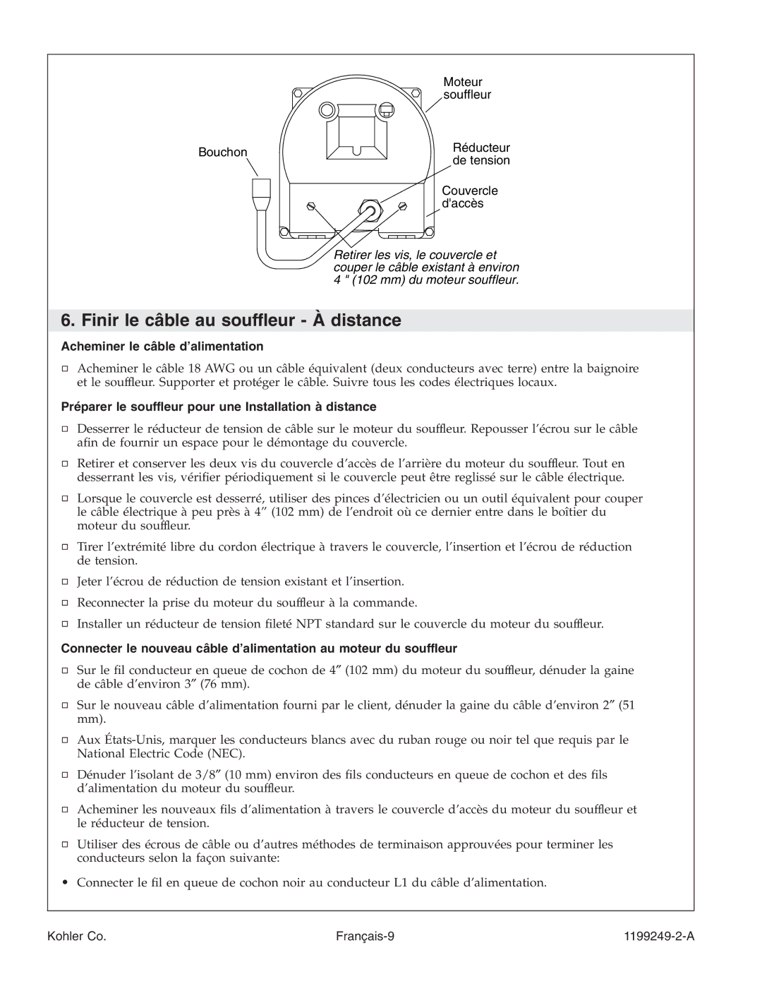 Kohler 1199249-2-A manual Finir le câble au souffleur À distance, Acheminer le câble d’alimentation 