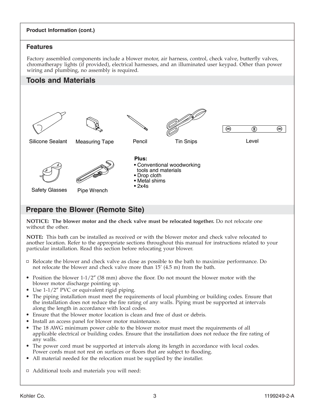 Kohler 1199249-2-A manual Tools and Materials, Prepare the Blower Remote Site, Features, Product Information, Plus 