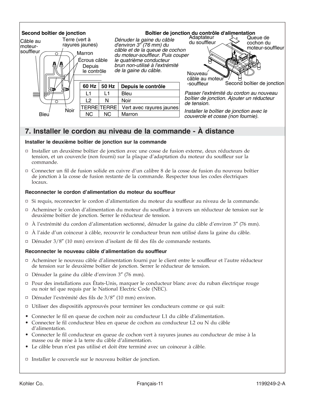 Kohler 1199249-2-A manual Installer le cordon au niveau de la commande À distance, 60 Hz 50 Hz Depuis le contrôle 