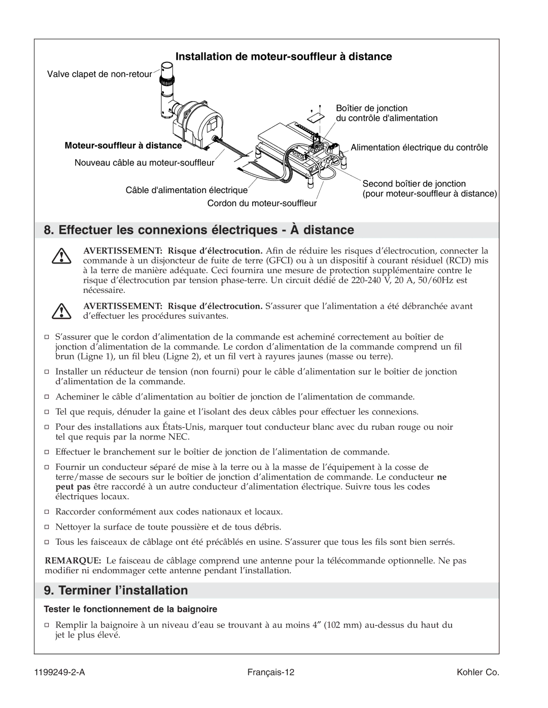 Kohler 1199249-2-A Effectuer les connexions électriques À distance, Terminer l’installation, Moteur-souffleur à distance 