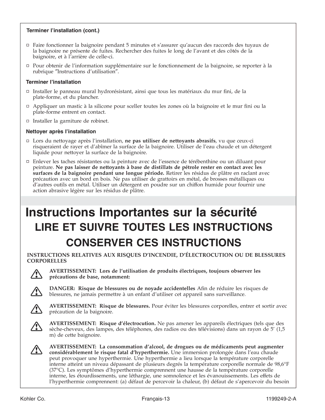 Kohler 1199249-2-A manual Terminer l’installation, Nettoyer après l’installation 