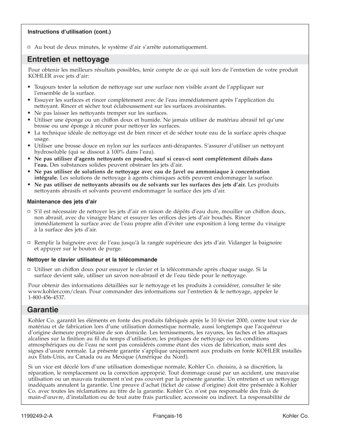 Kohler 1199249-2-A manual Entretien et nettoyage, Garantie, Instructions d’utilisation, Maintenance des jets d’air 