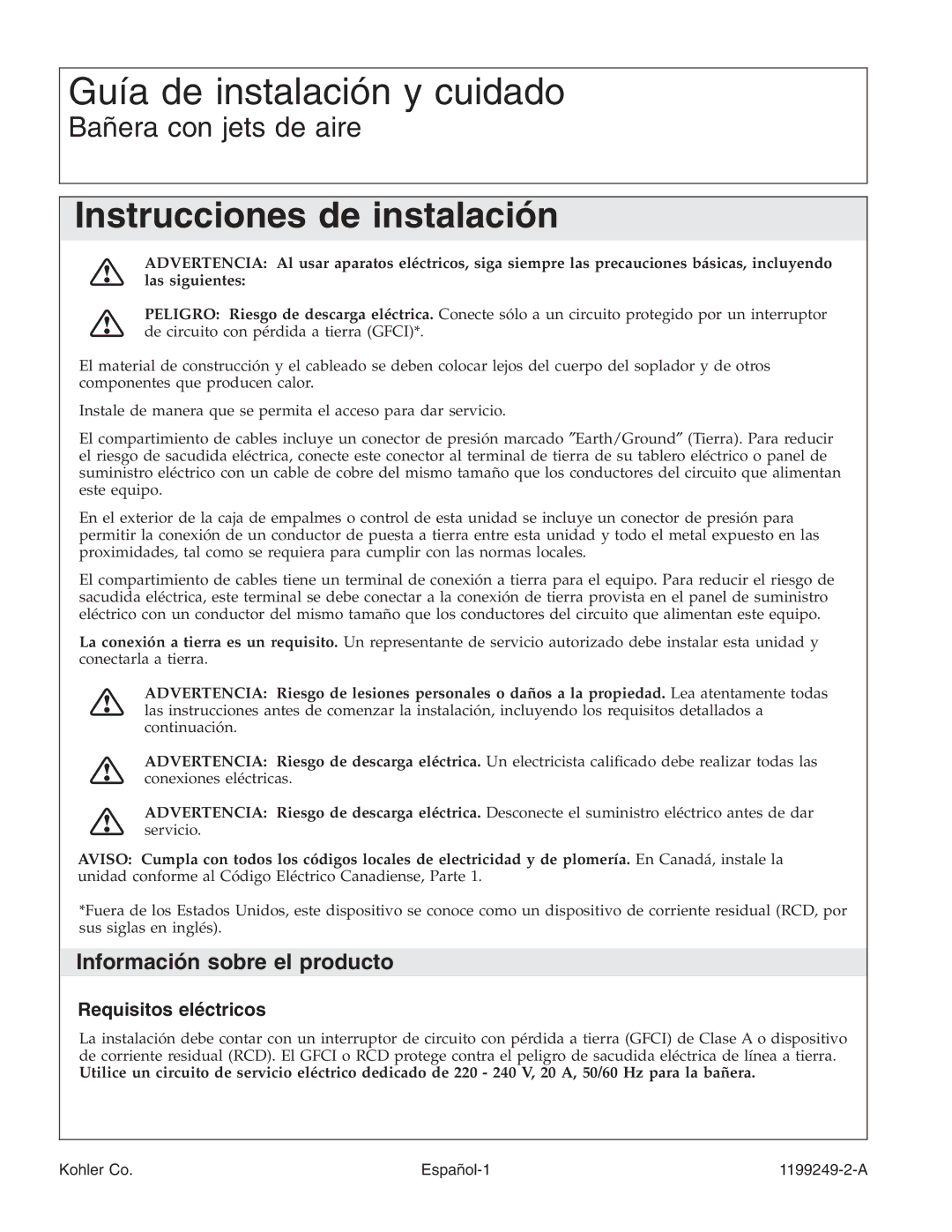 Kohler 1199249-2-A manual Información sobre el producto, Requisitos eléctricos 