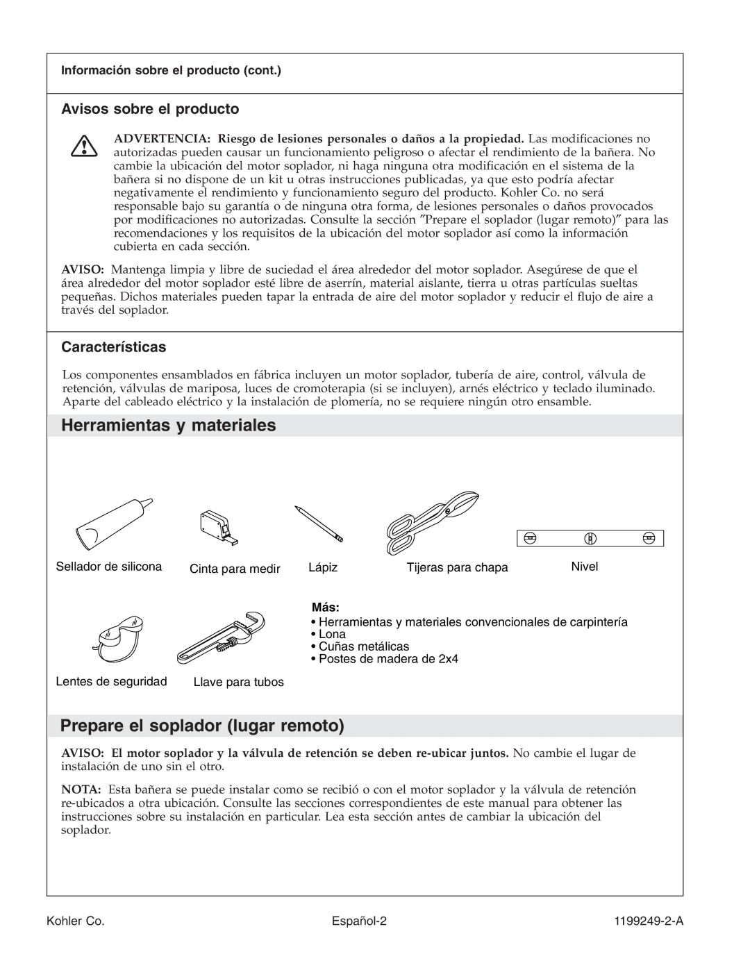 Kohler 1199249-2-A Herramientas y materiales, Prepare el soplador lugar remoto, Avisos sobre el producto, Características 