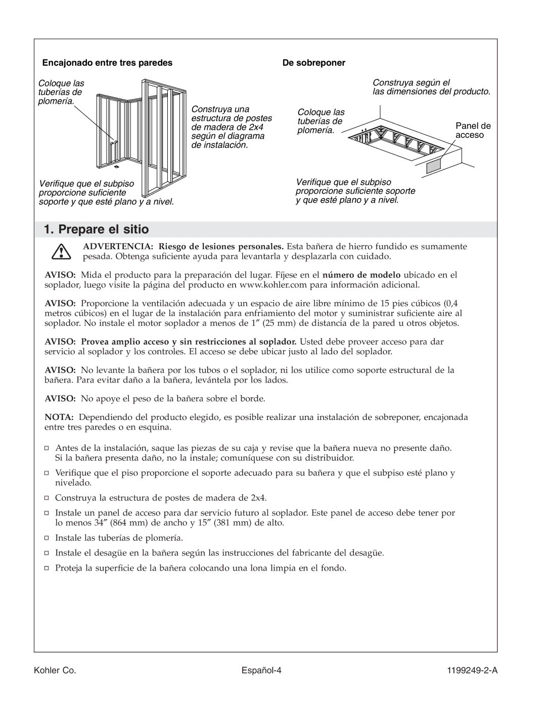 Kohler 1199249-2-A manual Prepare el sitio, Encajonado entre tres paredes, De sobreponer 