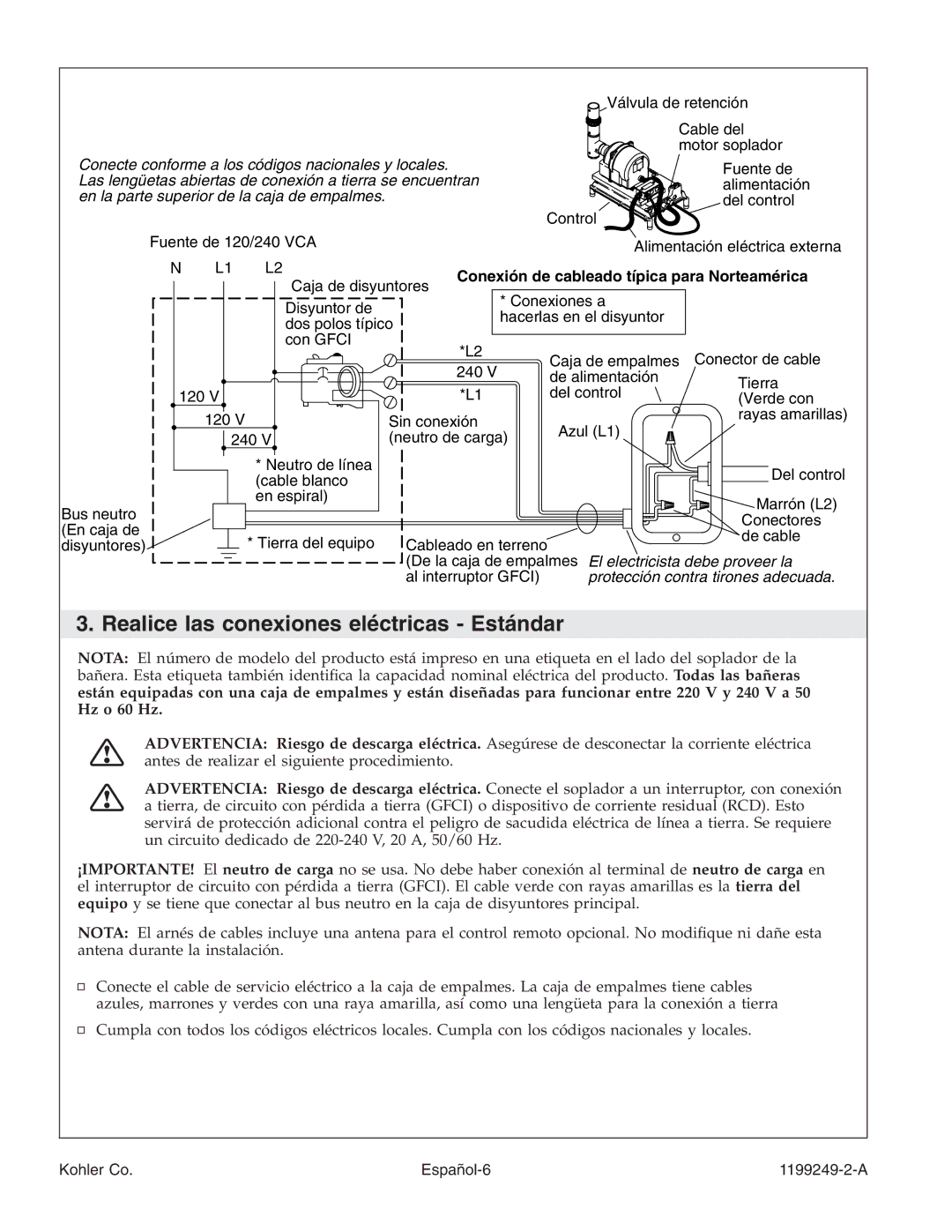 Kohler 1199249-2-A manual Realice las conexiones eléctricas Estándar, Conexión de cableado típica para Norteamérica 