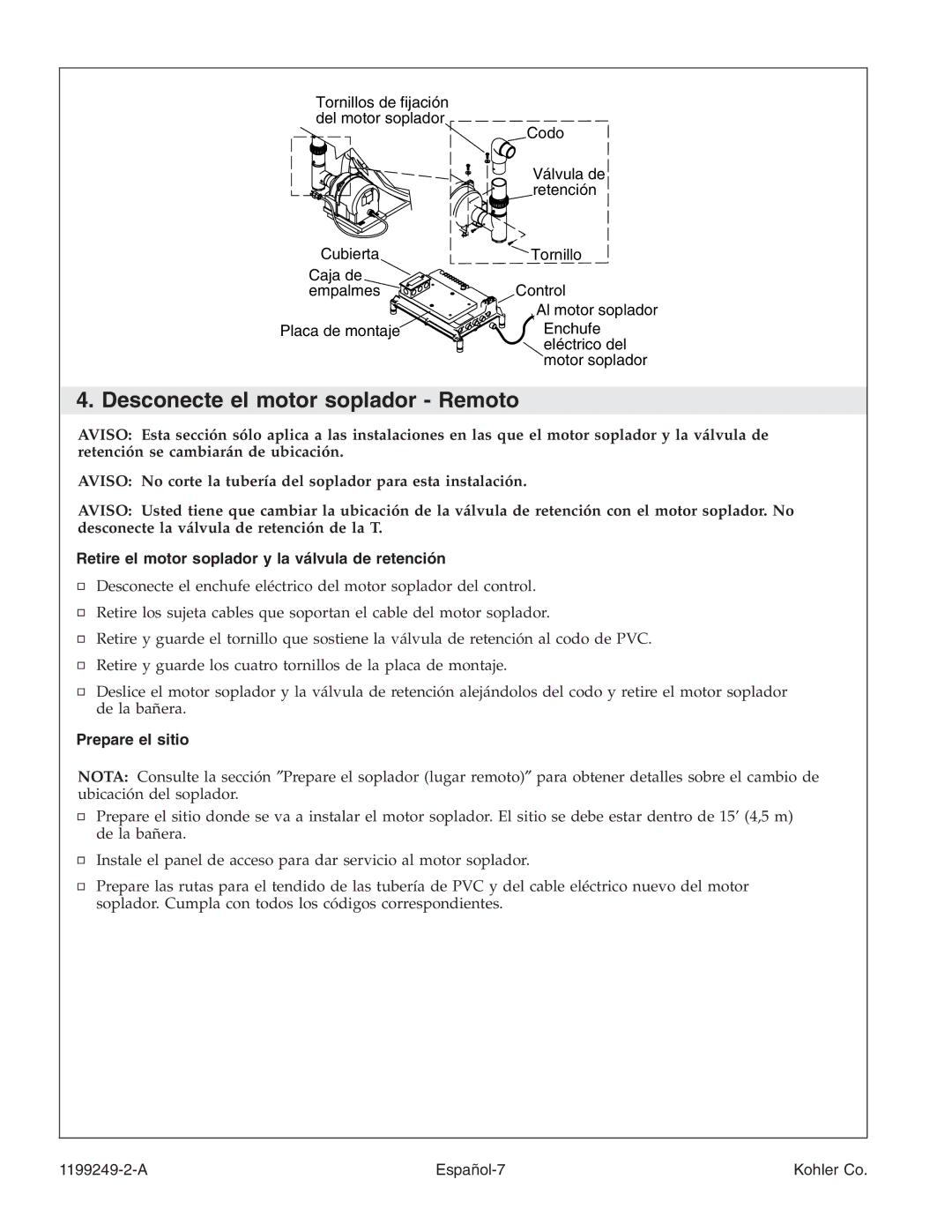 Kohler 1199249-2-A manual Desconecte el motor soplador Remoto, Retire el motor soplador y la válvula de retención 