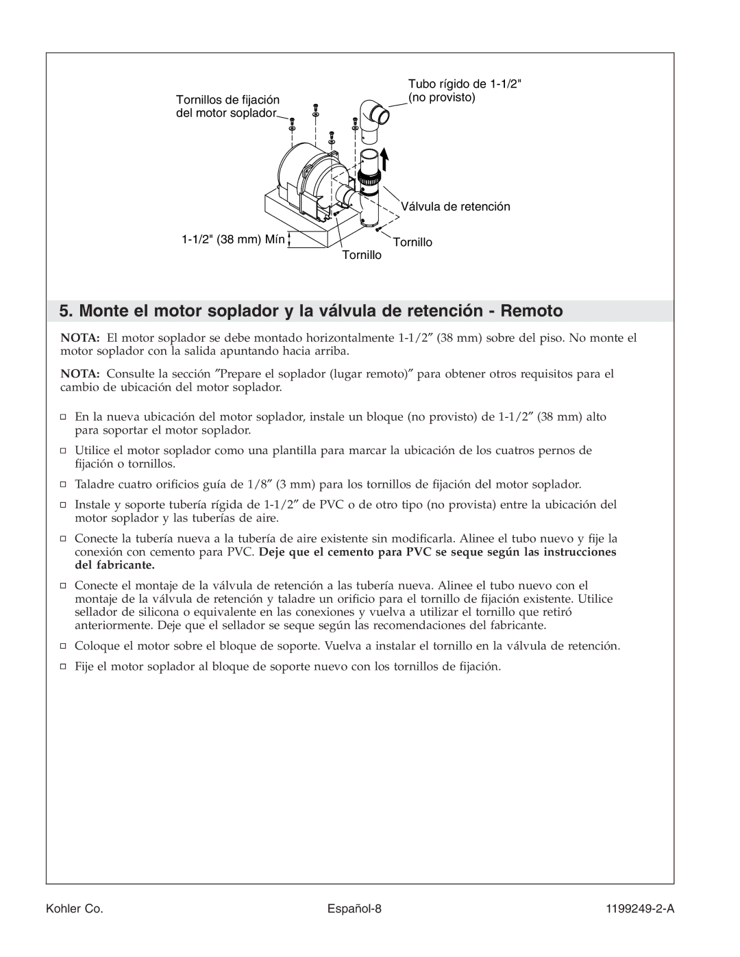 Kohler 1199249-2-A manual Monte el motor soplador y la válvula de retención Remoto, Del fabricante 