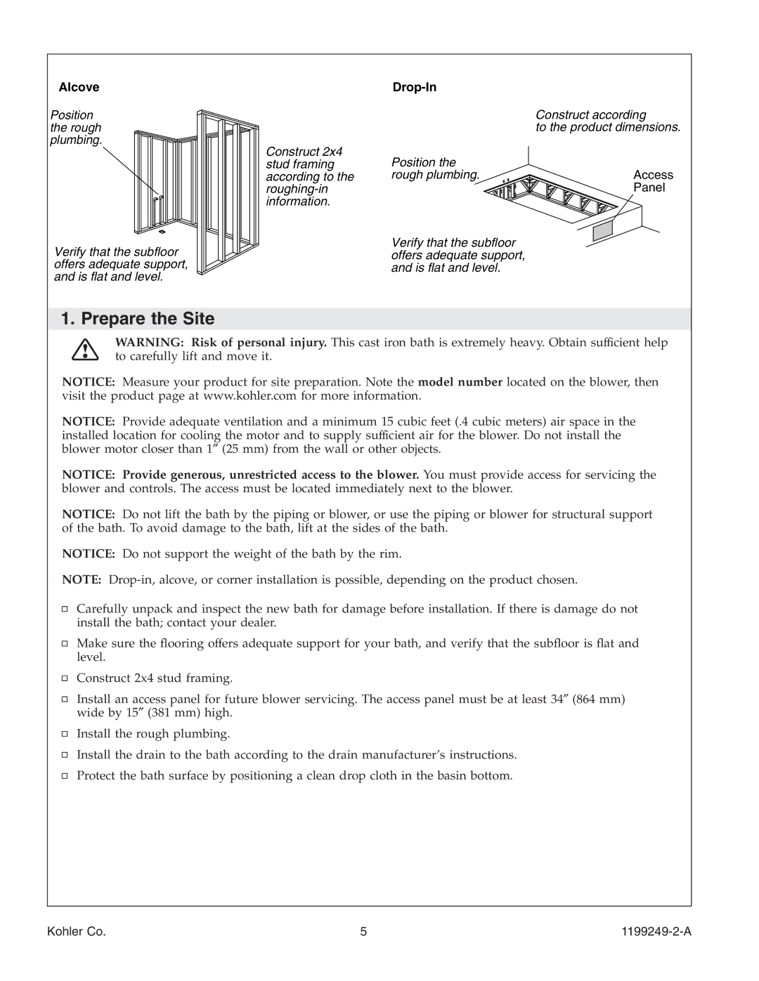 Kohler 1199249-2-A manual Prepare the Site, Alcove 