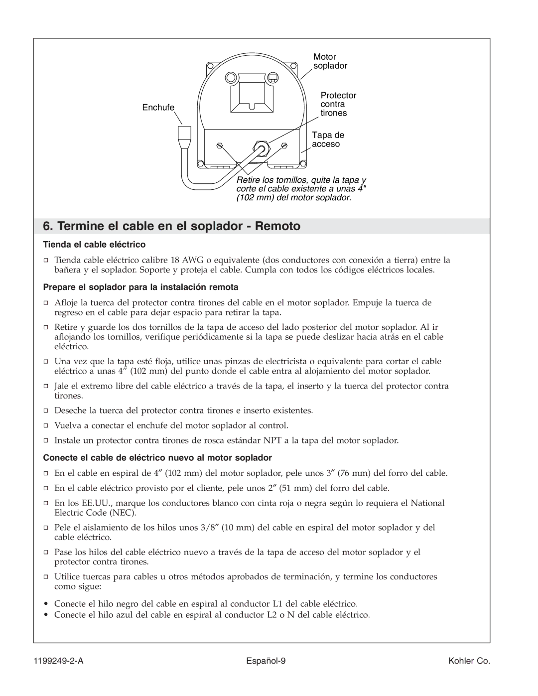 Kohler 1199249-2-A manual Termine el cable en el soplador Remoto, Tienda el cable eléctrico 