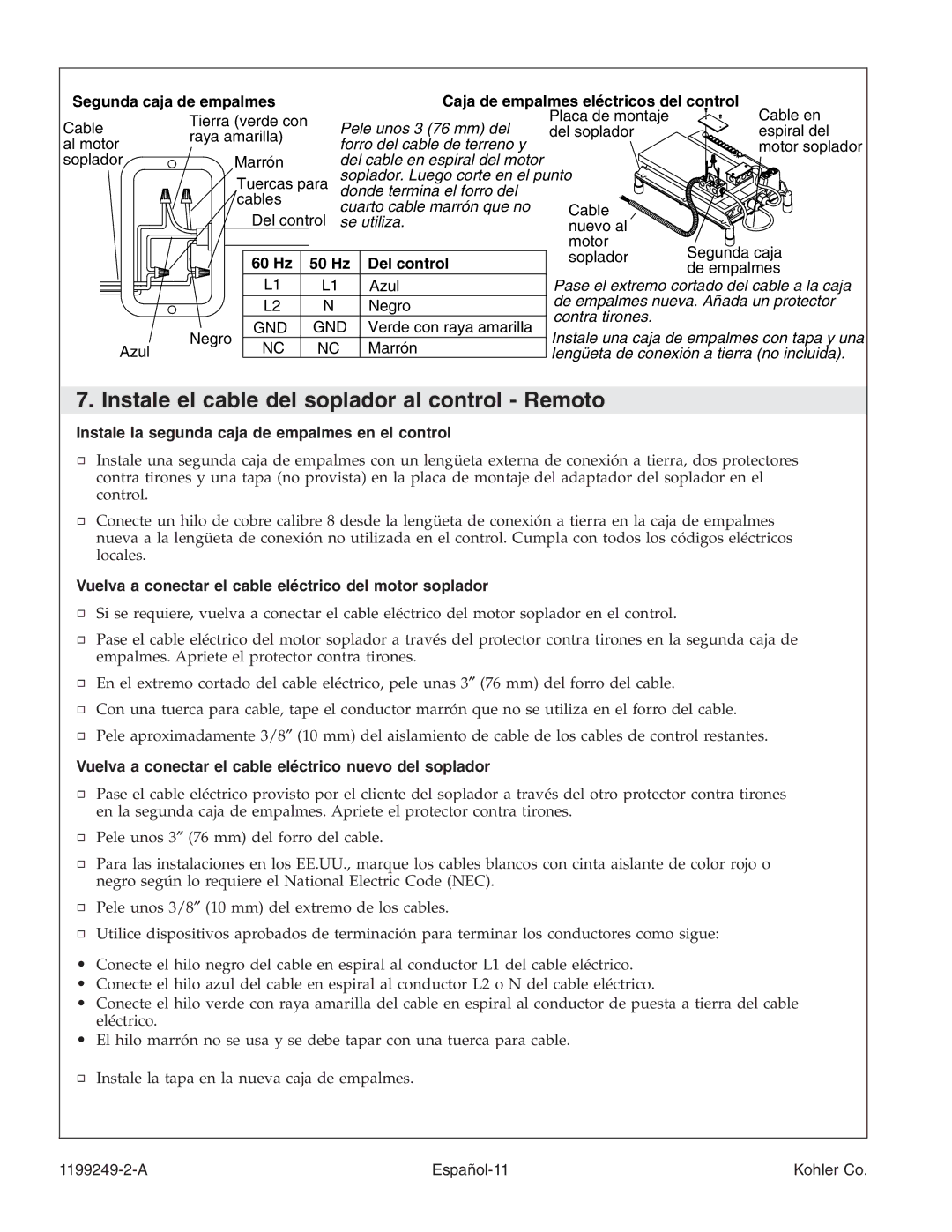 Kohler 1199249-2-A manual Instale el cable del soplador al control Remoto, 60 Hz 50 Hz Del control 