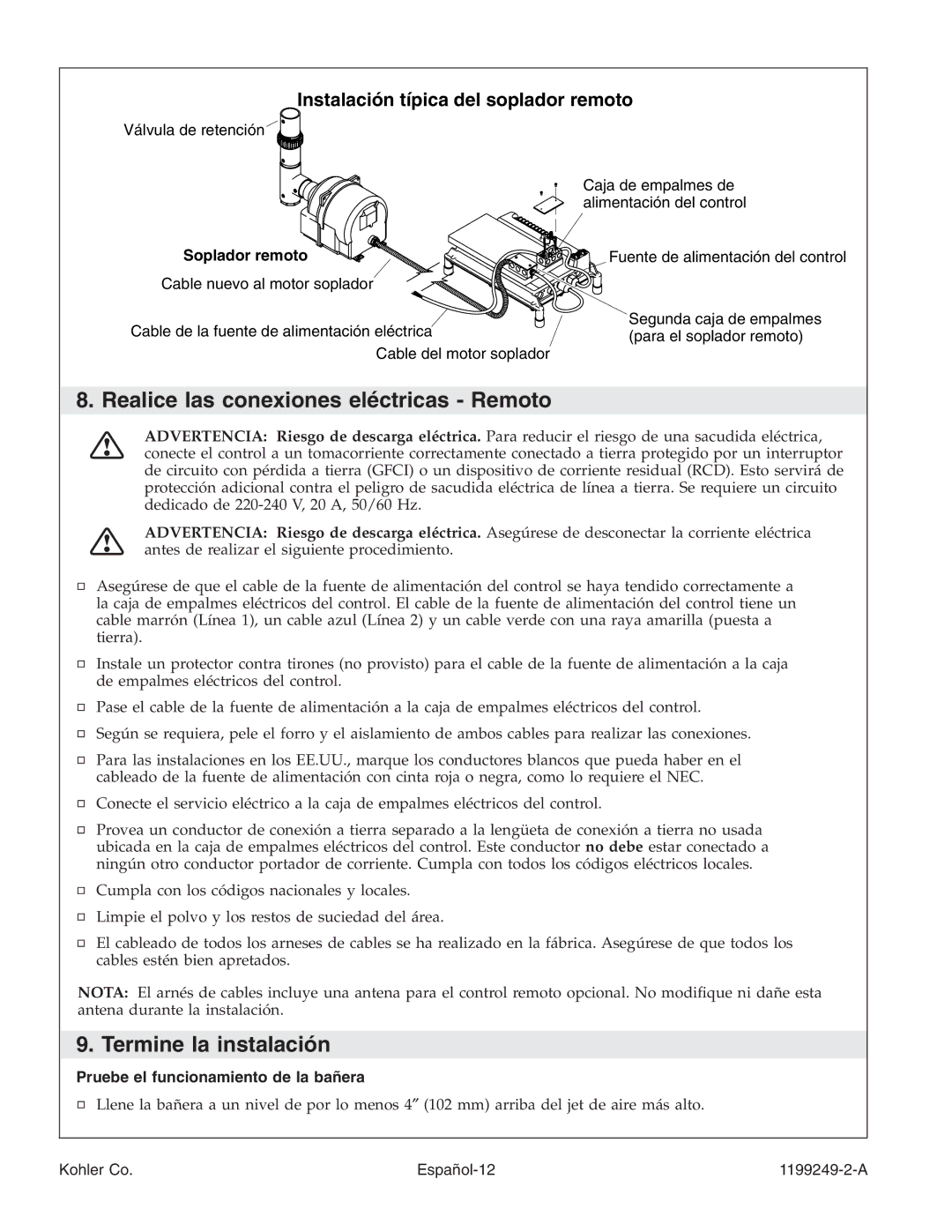 Kohler 1199249-2-A manual Realice las conexiones eléctricas Remoto, Termine la instalación, Soplador remoto 