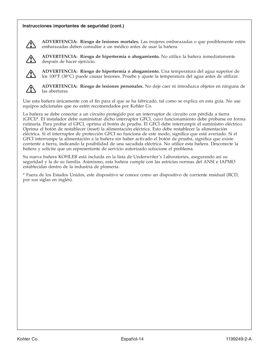 Kohler manual Instrucciones importantes de seguridad, Kohler Co Español-14 1199249-2-A 