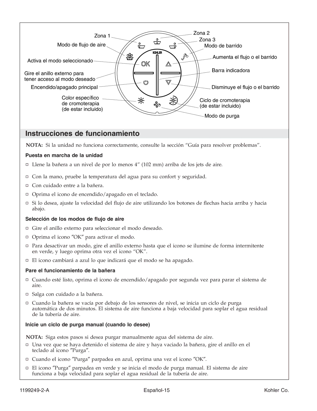 Kohler 1199249-2-A Instrucciones de funcionamiento, Puesta en marcha de la unidad, Selección de los modos de ﬂujo de aire 